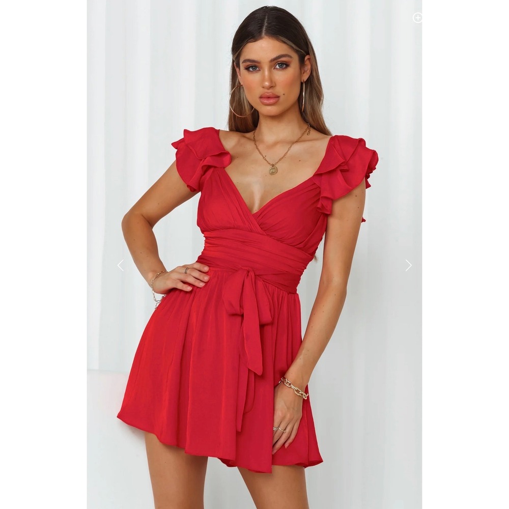 Hello Molly Mini Dress Womens S Red Ruffle V-Neck Ruched Party Date Night